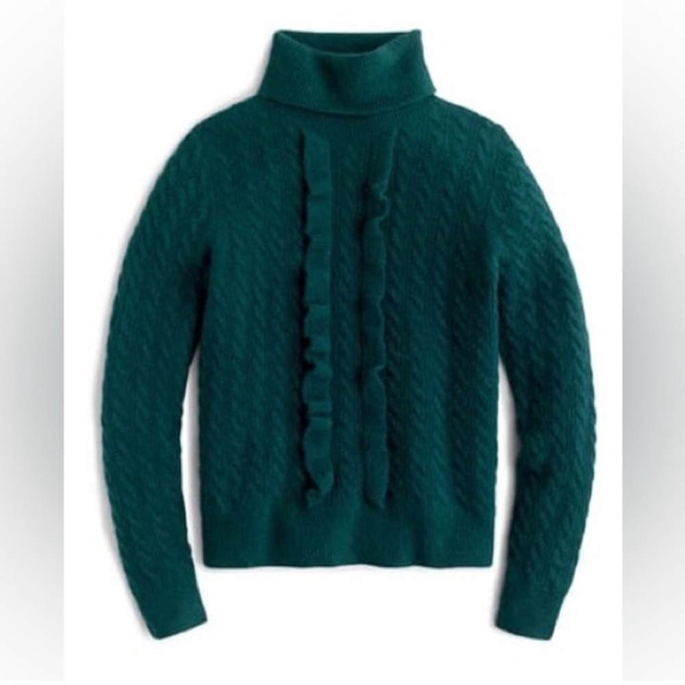 J. Crew Ruffle Front Cable Knit Turtleneck Soft Wool Blend Green Sweater Medium